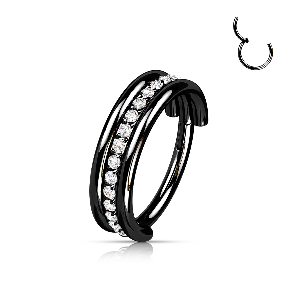 Hinged Segment Hoop Ring With Outward Facing Triple Stacked CZ Center Line