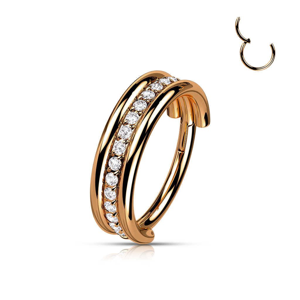 Hinged Segment Hoop Ring With Outward Facing Triple Stacked CZ Center Line