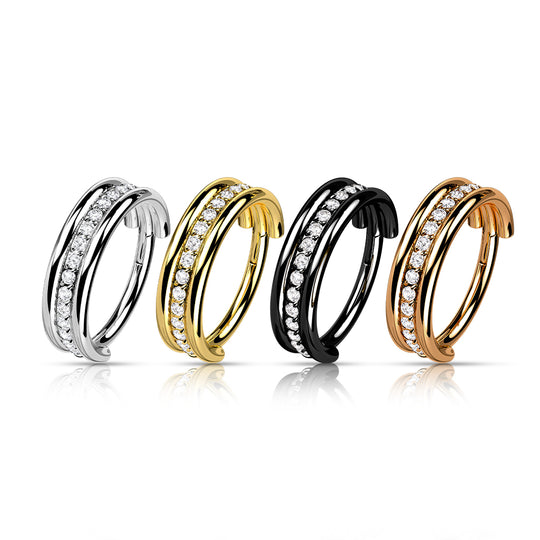 Hinged Segment Hoop Ring With Outward Facing Triple Stacked CZ Center Line