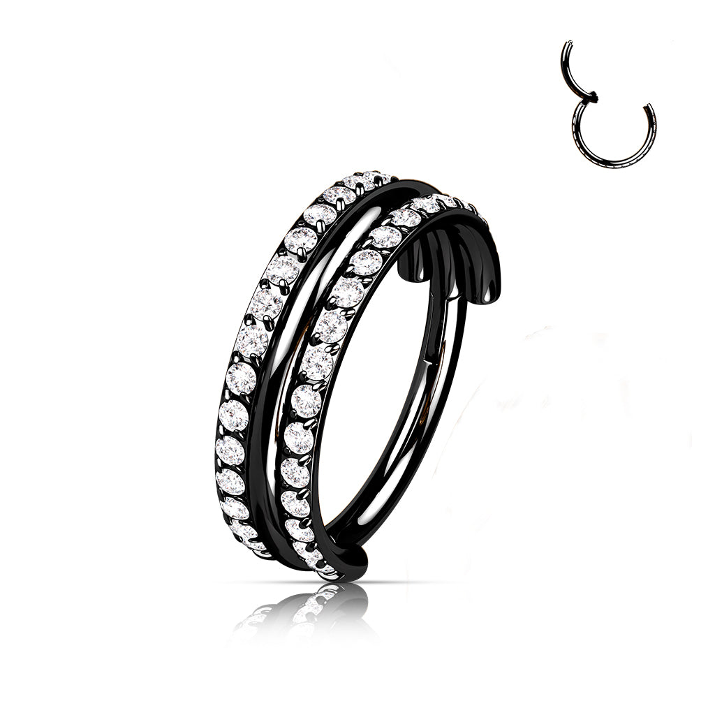 Implant Grade Titanium Hinged Segment Hoop Ring With Outward Facing Triple Stacked Double CZ Line