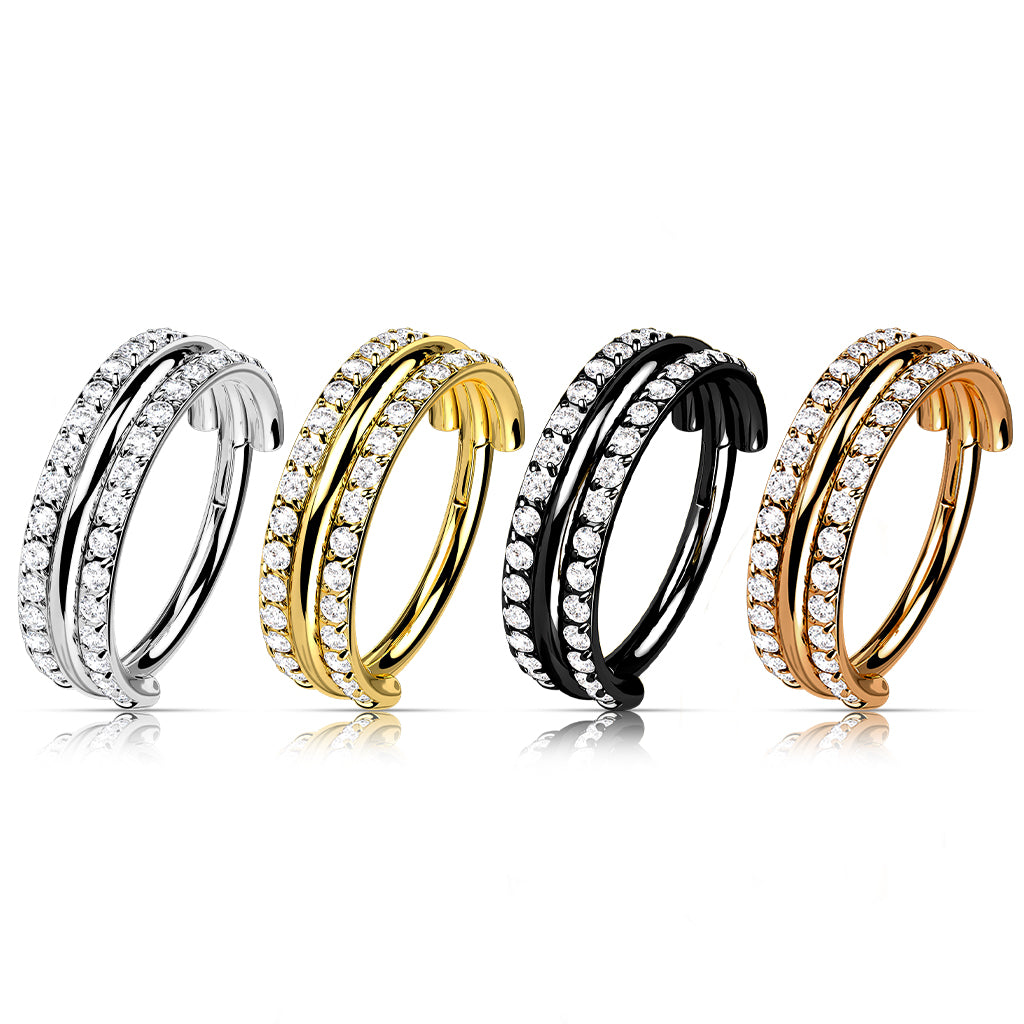 Implant Grade Titanium Hinged Segment Hoop Ring With Outward Facing Triple Stacked Double CZ Line