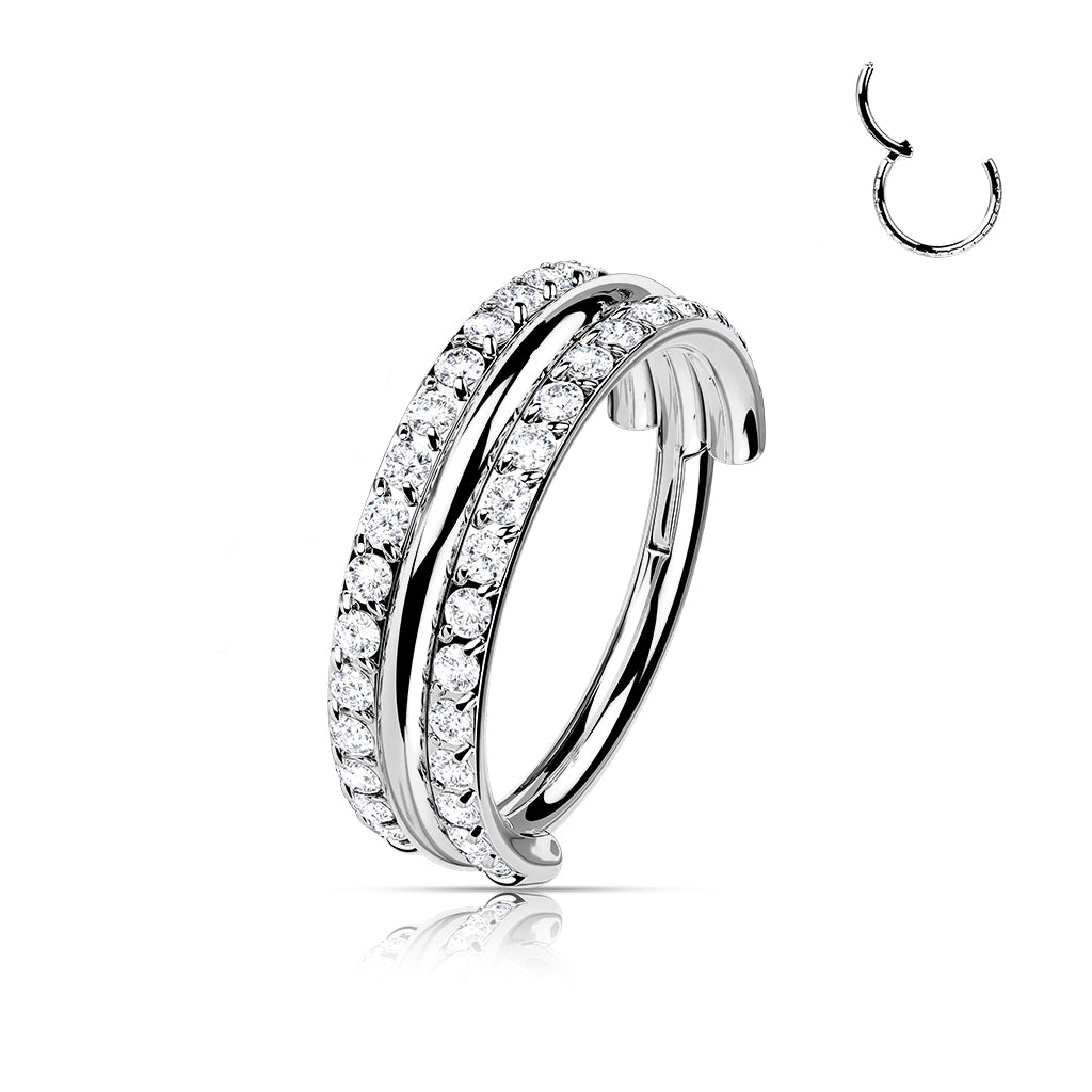 Implant Grade Titanium Hinged Segment Hoop Ring With Outward Facing Triple Stacked Double CZ Line