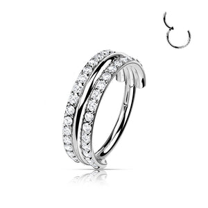 Implant Grade Titanium Hinged Segment Hoop Ring With Outward Facing Triple Stacked Double CZ Line
