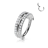 Implant Grade Titanium Hinged Segment Hoop Ring With Outward Facing Triple Stacked Double CZ Line