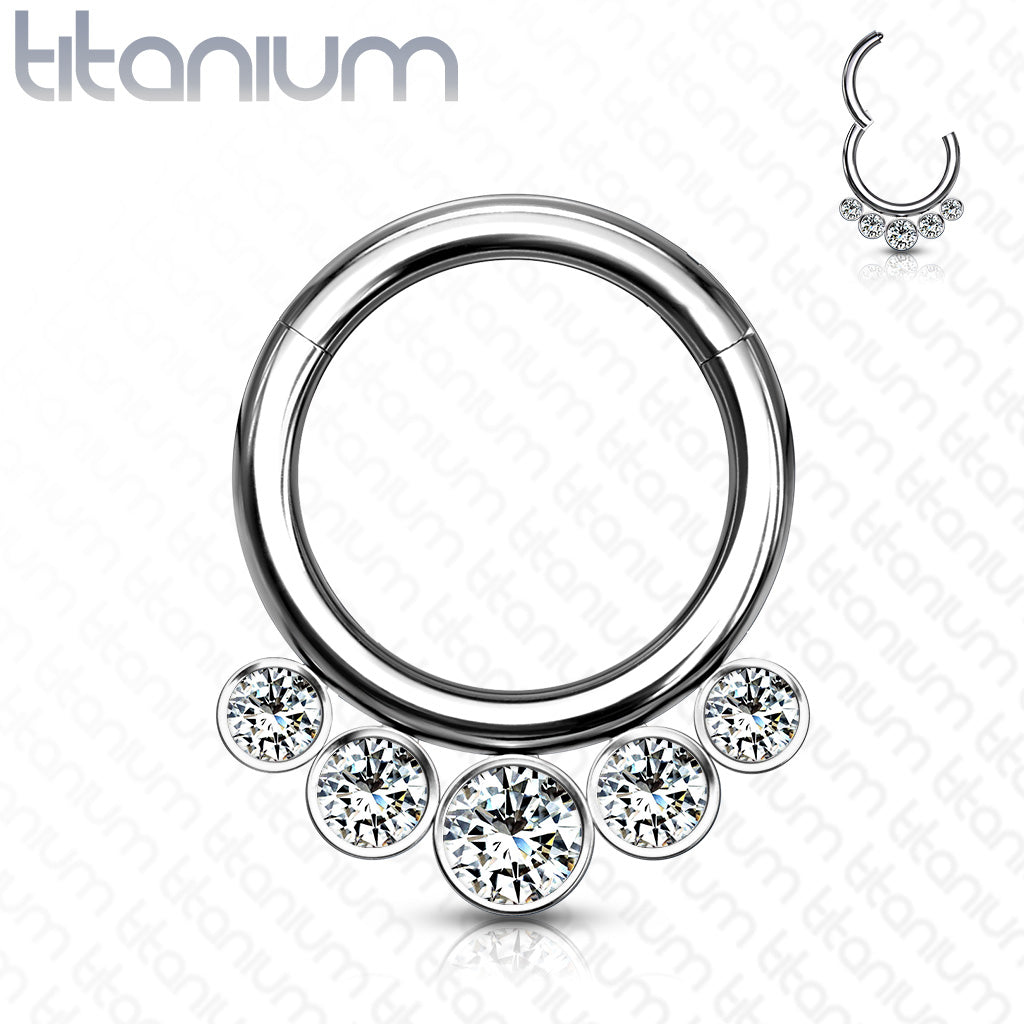 Implant Grade Titanium Hinged Segment Hoop Rings with 5 Outer Bezel Set Crystals