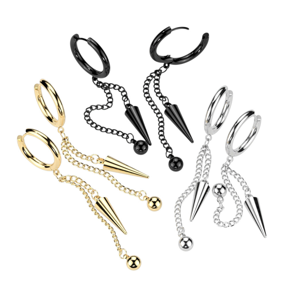 (Paire) Hinged Hoop Earrings With Ball and Cone Dangle
