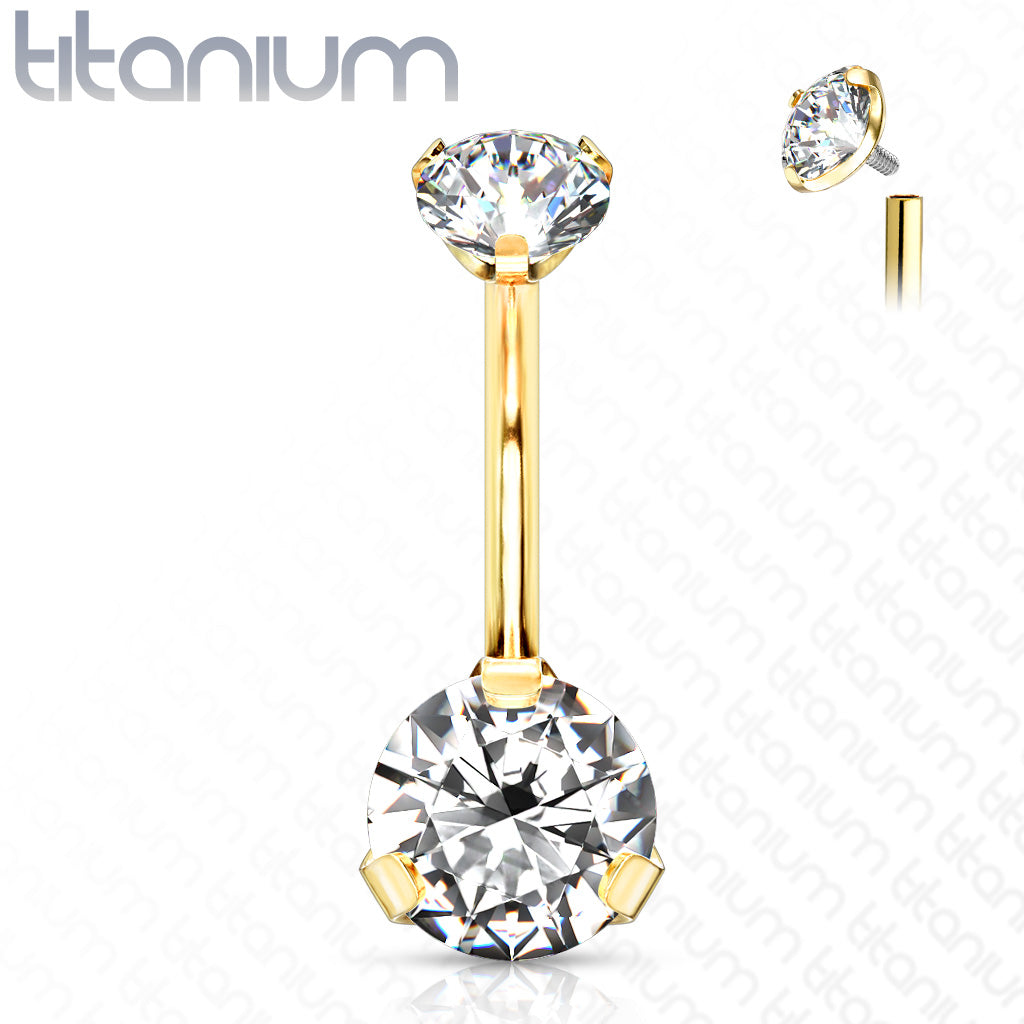 Implant Grade Titanium Internally Threaded Top Prong Set Double Round CZ Belly Button