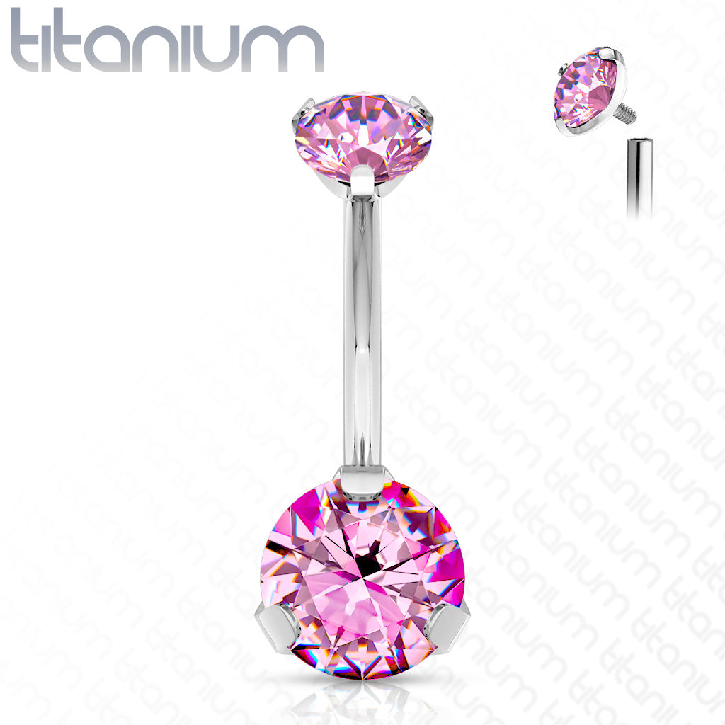 Implant Grade Titanium Internally Threaded Top Prong Set Double Round CZ Belly Button