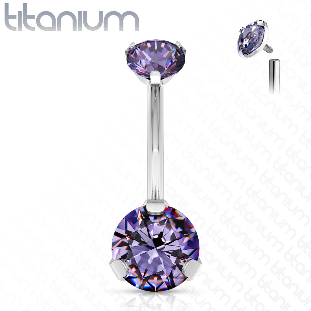 Implant Grade Titanium Internally Threaded Top Prong Set Double Round CZ Belly Button
