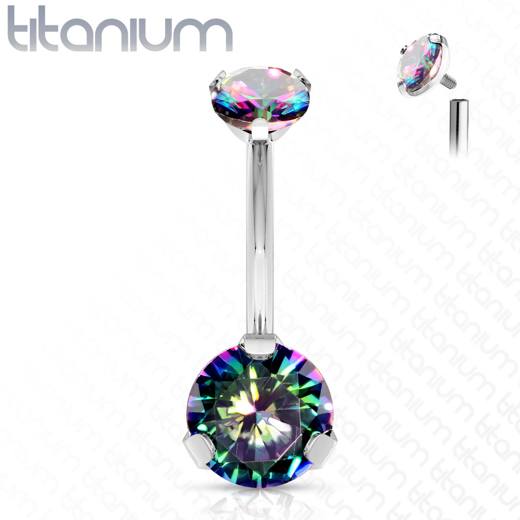Implant Grade Titanium Internally Threaded Top Prong Set Double Round CZ Belly Button