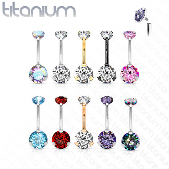Implant Grade Titanium Internally Threaded Top Prong Set Double Round CZ Belly Button