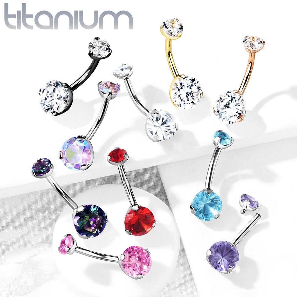 Implant Grade Titanium Internally Threaded Top Prong Set Double Round CZ Belly Button