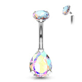 Internally Threaded Round Top CZ With Prong Set Pear CZ Belly Button Ring
