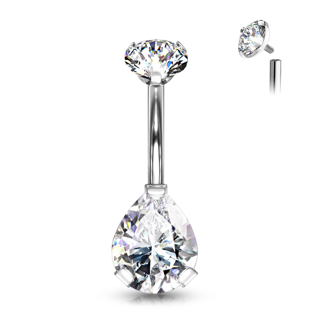 Internally Threaded Round Top CZ With Prong Set Pear CZ Belly Button Ring
