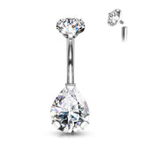 Internally Threaded Round Top CZ With Prong Set Pear CZ Belly Button Ring