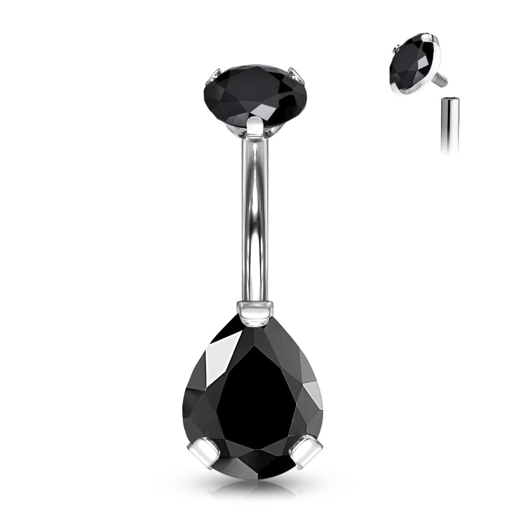 Internally Threaded Round Top CZ With Prong Set Pear CZ Belly Button Ring