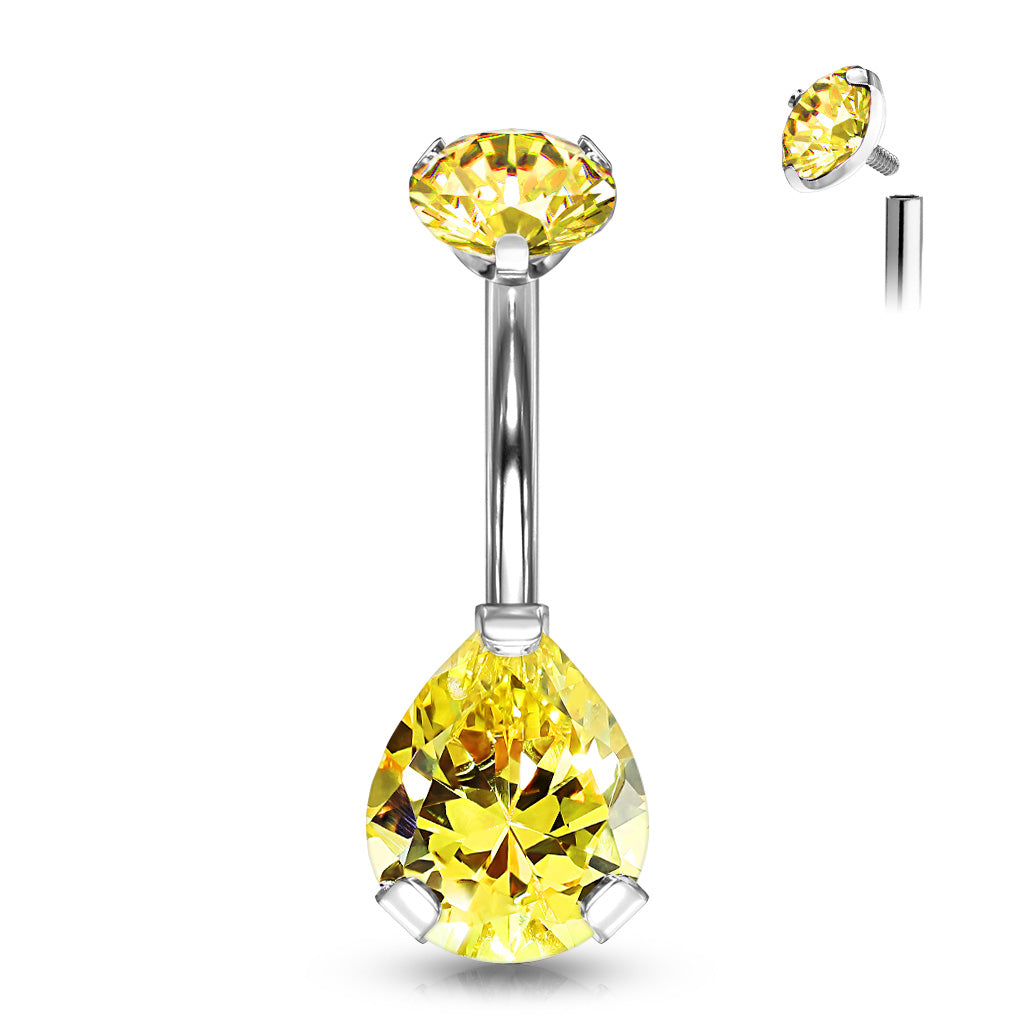 Internally Threaded Round Top CZ With Prong Set Pear CZ Belly Button Ring