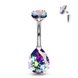 Internally Threaded Round Top CZ With Prong Set Pear CZ Belly Button Ring