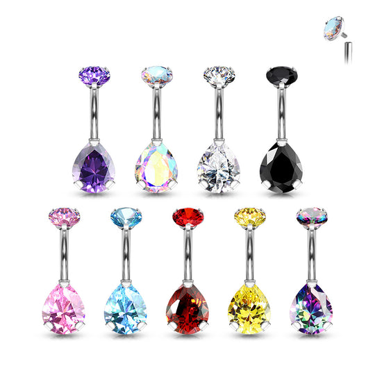Internally Threaded Round Top CZ With Prong Set Pear CZ Belly Button Ring