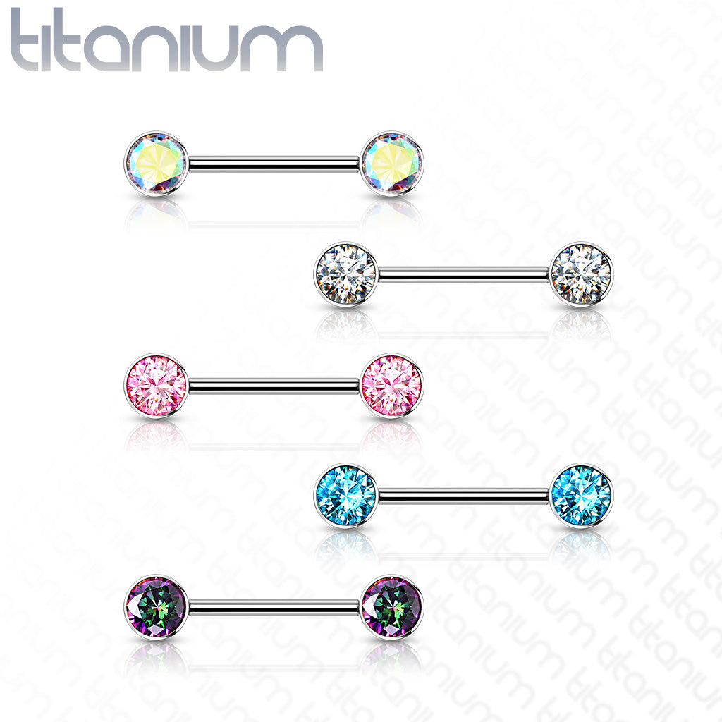Implant Grade Titanium Nipple Barbells with CZ bezel set internally threaded