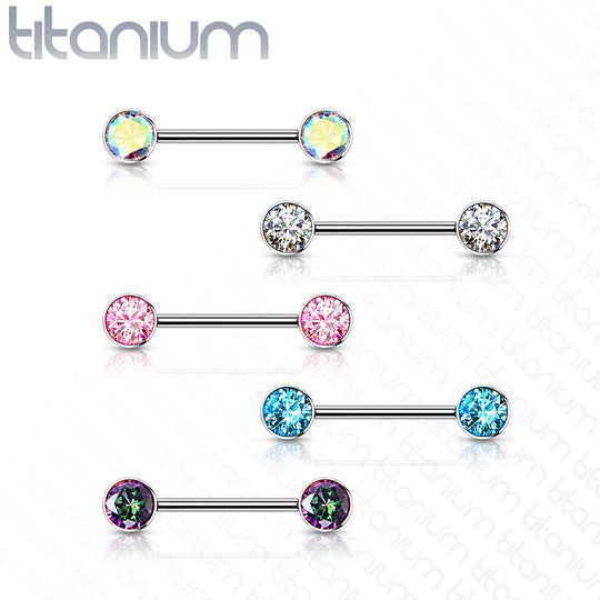 Implant Grade Titanium Nipple Barbells with CZ bezel set internally threaded