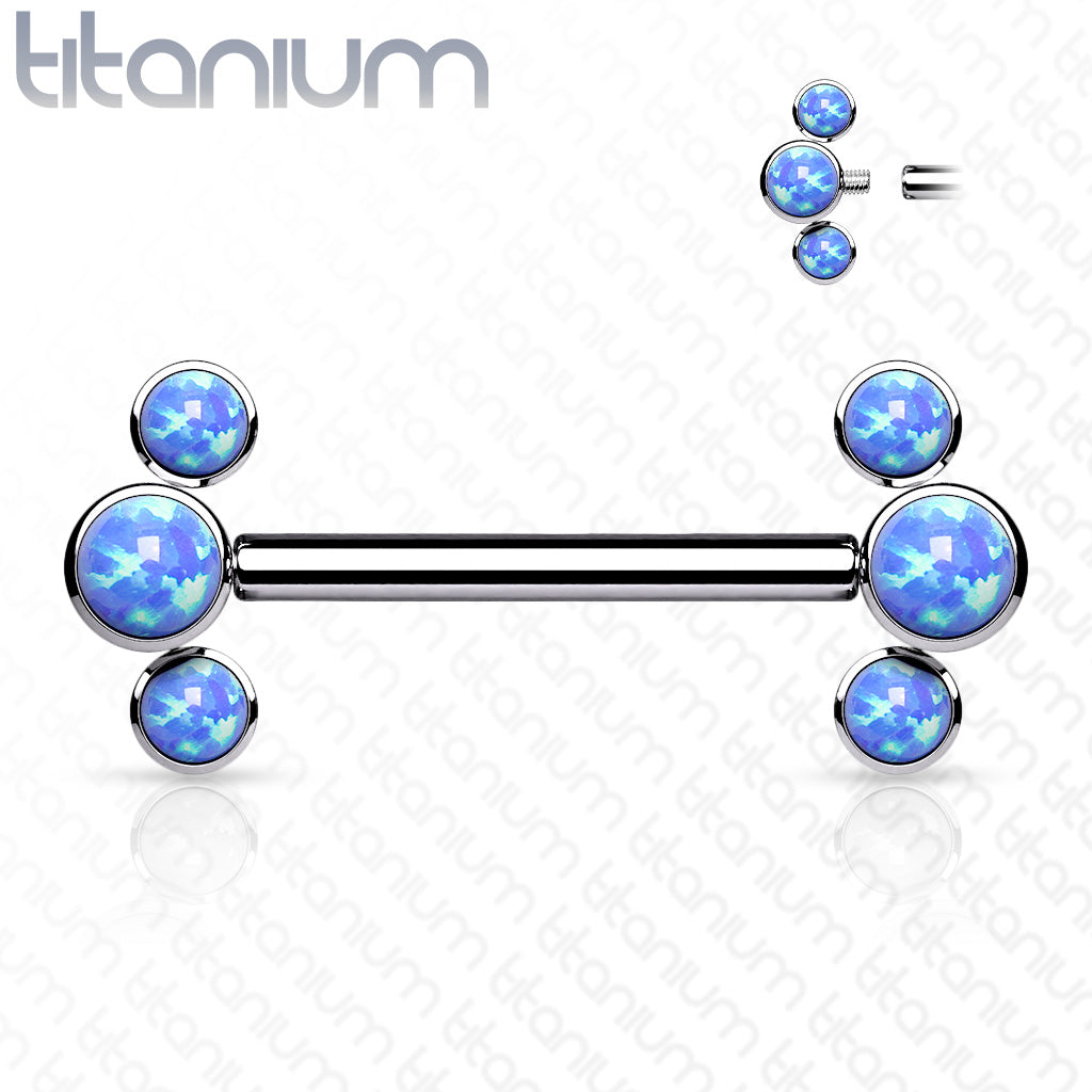 Implant grade Titanium Nipple Barbells with Internally Threaded 3-Round Opal Bezel Set Ends