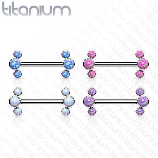 Implant grade Titanium Nipple Barbells with Internally Threaded 3-Round Opal Bezel Set Ends