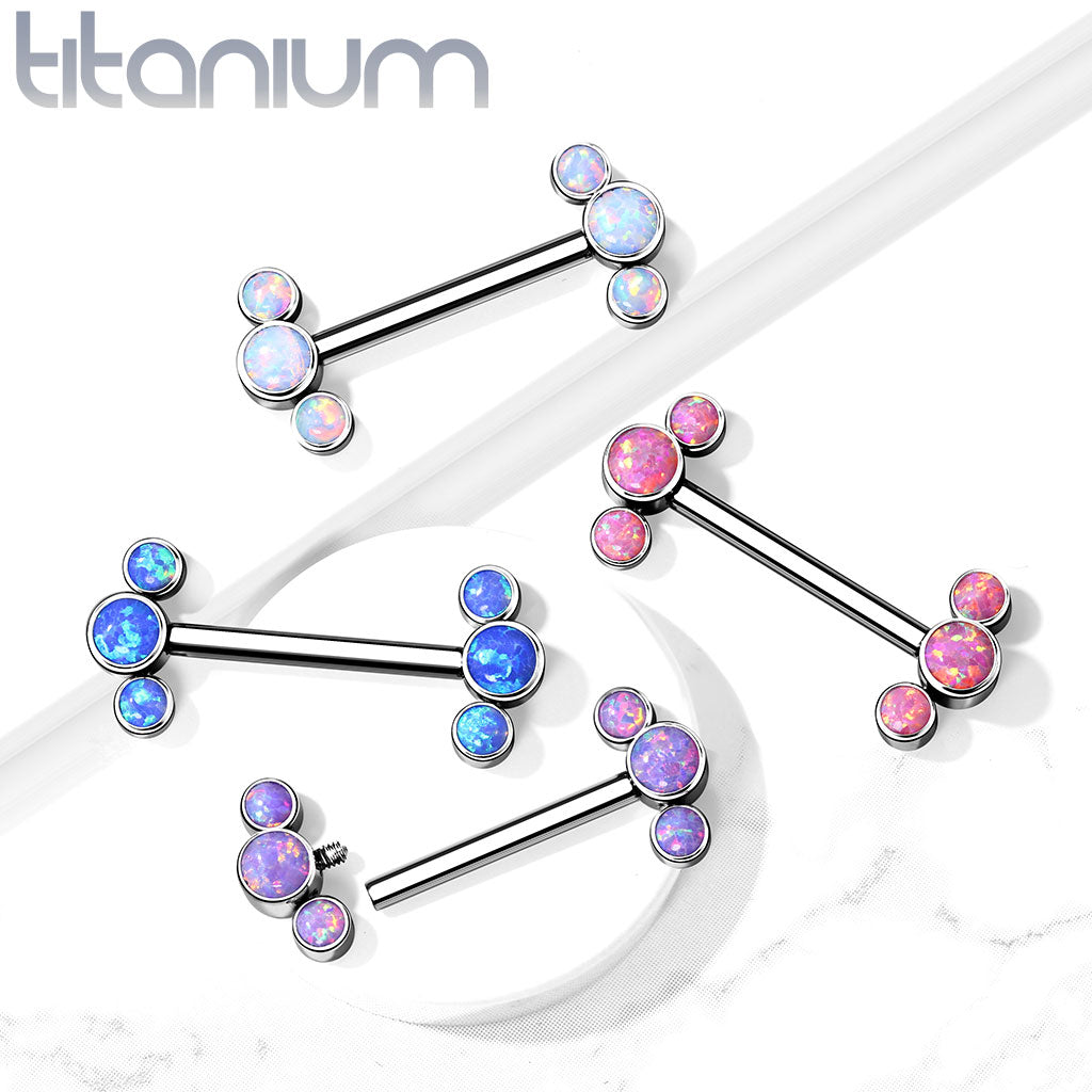 Implant grade Titanium Nipple Barbells with Internally Threaded 3-Round Opal Bezel Set Ends