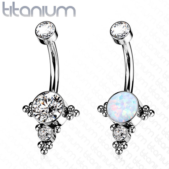 CZ or Opal Center With Ball Clusters Belly Button Ring
