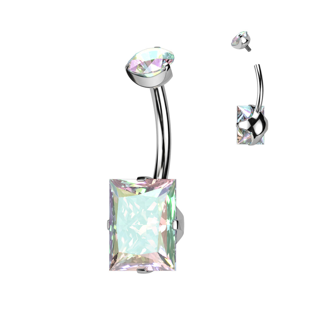 Implant Grade Titanium Internally Threaded Prong Set Round CZ Top and Prong Set Rectangle CZ Belly Button Ring